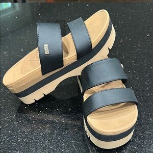 Reef Black and Tan Sandals with Modern Platform